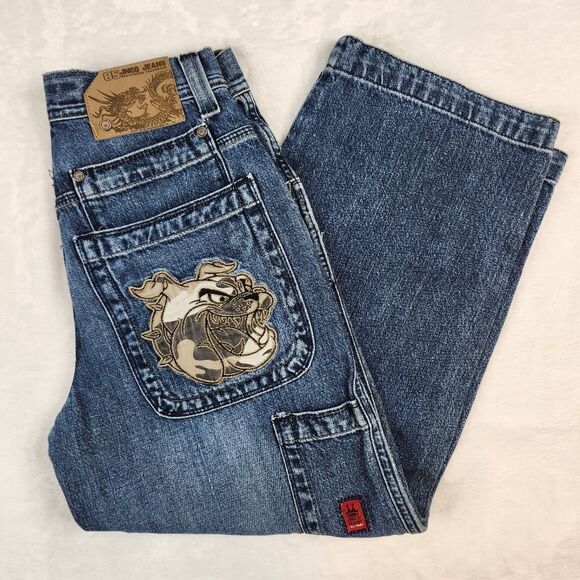 JNCO Kids Blue Jeans with Bulldog Patch - Picture 1 of 13